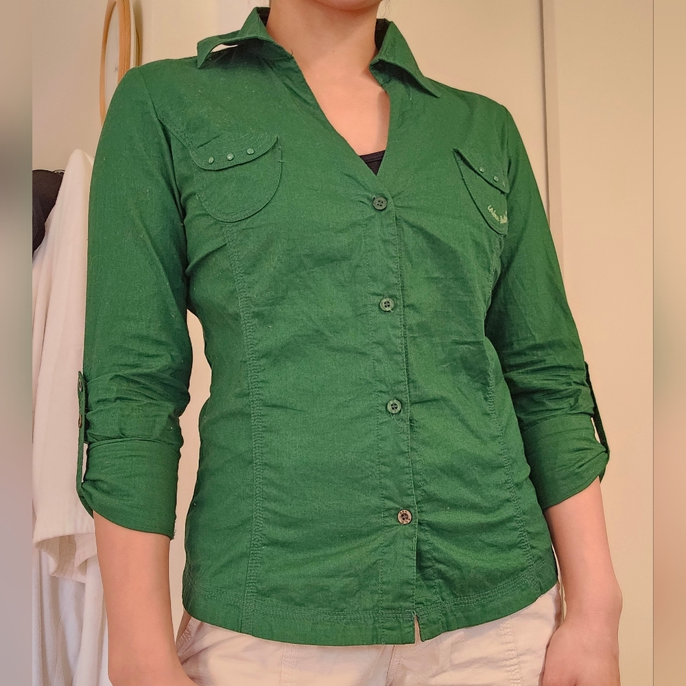 Hunter Green Women's Work Casual Long-Sleeve Botton down shirt Cotton Size L